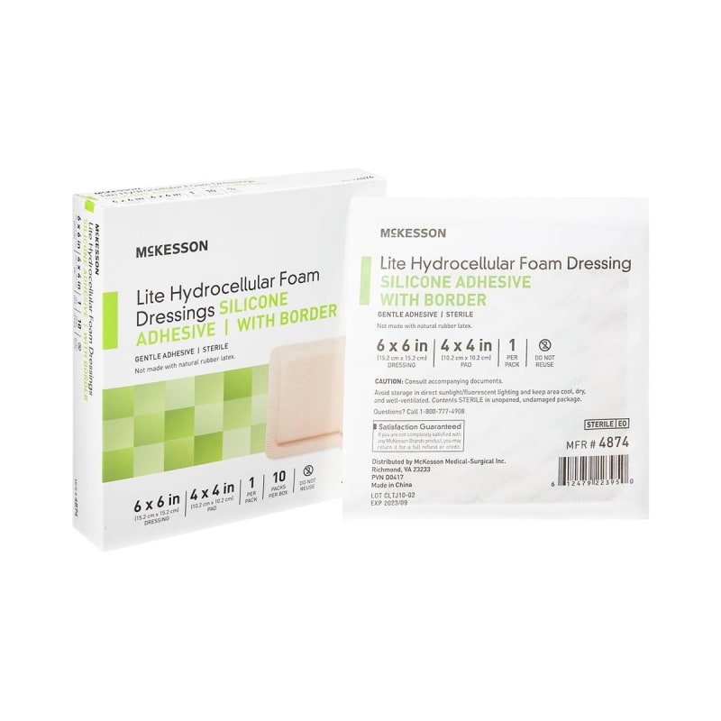 McKesson Lite Hydrocellular Foam Dressings w/ Border & Silicone Adhesive, 6 x 6'