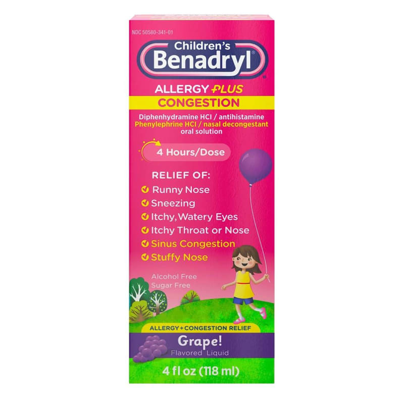 J & J Sales BenadrylÂ® Children's Allergy Plus Congestion Liquid Grape Flavor, 4 ounces