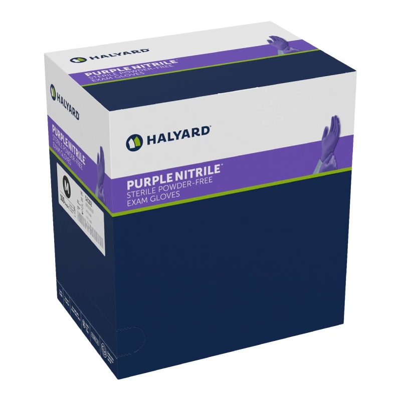 O&M Halyard Inc Exam Glove Purple NitrileÂ® Medium 100 per Box Sterile Single Nitrile Standard Cuff Length Textured Fingertips Purple Chemo Tested