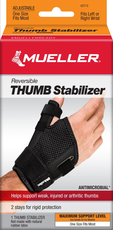 Mueller Sports Medicine Thumb Stabilizer Mueller Sport Care® Adult One Size Fits Most D-Ring / Hook and Loop Strap Closure Left Hand Black Mueller Sports Medicine Thumb Stabilizer Mueller Sport Care® Adult One Size Fits Most D-Ring / Hook and Loop Strap Closure Left Hand Black