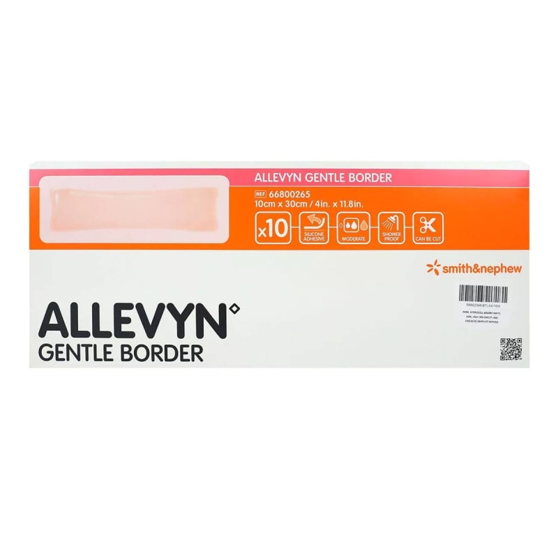 Smith & Nephew Foam Dressing Allevyn Gentle Border 4 X 12 Inch With Border Film Backing Silicone Gel Adhesive Rectangle Sterile Smith & Nephew Foam Dressing Allevyn Gentle Border 4 X 12 Inch With Border Film Backing Silicone Gel Adhesive Rectangle Sterile