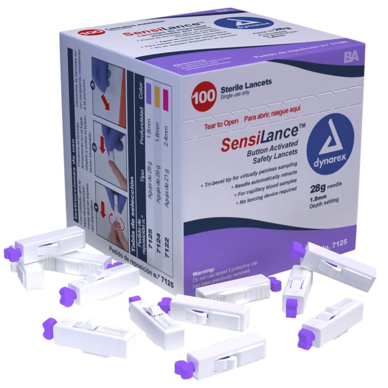 Dynarex dynarex SensiLanceâ„¢ Safety Lancet, 28 Gauge, 1.8 mm Depth, Button Activated