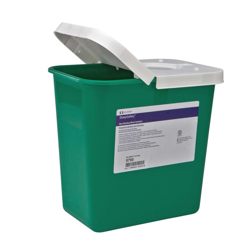 Cardinal Non-Infectious Waste Container EnviroStarâ„¢ Green Base 17-3/4 H X 11 W X 15-1/2 D Inch Vertical Entry 8 Gallon Cardinal Non-Infectious Waste Container EnviroStarâ„¢ Green Base 17-3/4 H X 11 W X 15-1/2 D Inch Vertical Entry 8 Gallon
