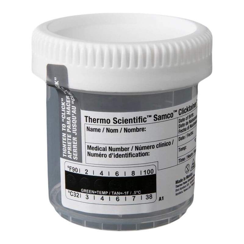 Thermo Scientific Specimen Container with Temperature Strip Samcoâ„¢ Clicktainerâ„¢ 53 mm Opening 90 mL (3 oz.) Screw Cap Patient Information NonSterile Thermo Scientific Specimen Container with Temperature Strip Samcoâ„¢ Clicktainerâ„¢ 53 mm Opening 90 mL (3 oz.) Screw Cap Patient Information NonSterile