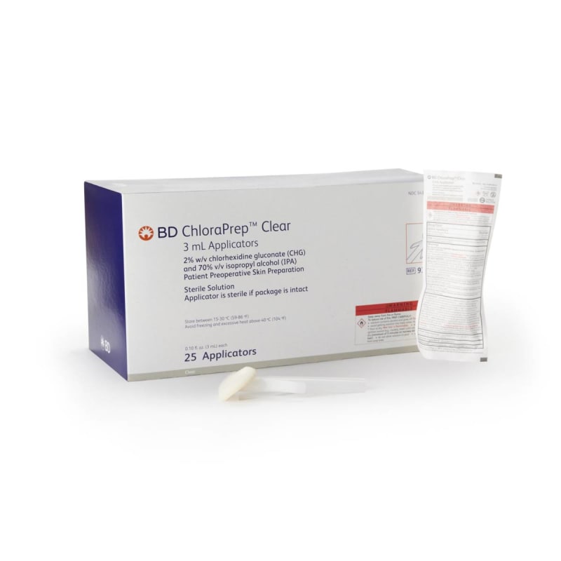 BD Skin Prep Solution ChloraPrepâ„¢ Clear 3 mL Foam Applicator 2% / 70% Strength CHG (Chlorhexidine Gluconate) / Isopropyl Alcohol Sterile BD Skin Prep Solution ChloraPrepâ„¢ Clear 3 mL Foam Applicator 2% / 70% Strength CHG (Chlorhexidine Gluconate) / Isopropyl Alcohol Sterile
