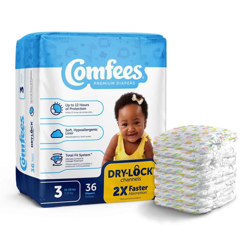 Attends Healthcare Products Attends Comfees Premium Diapers, Unisex, Baby, Tab Closure, Size 3 Attends Healthcare Products Attends Comfees Premium Diapers, Unisex, Baby, Tab Closure, Size 3