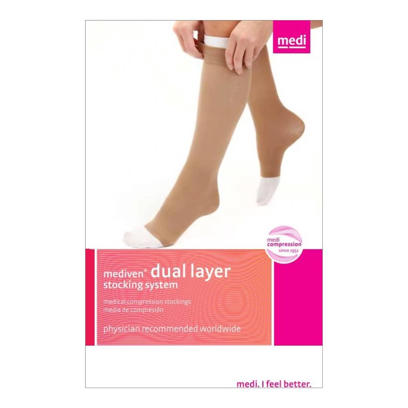 Mediusa Compression Stocking with Liner mediven Knee High X-Large Beige Stocking: Open Toe, Liner: Closed Toe