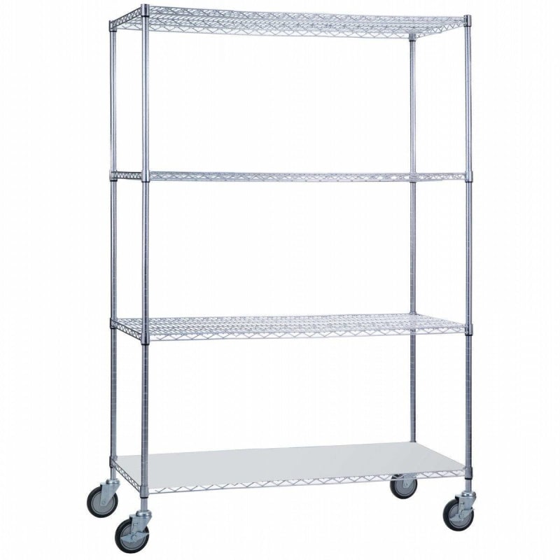 R&B Wire Rolling Wire Shelving Cart 24 x 48 x 78 with Solid Bottom - (72"ht. Poles)