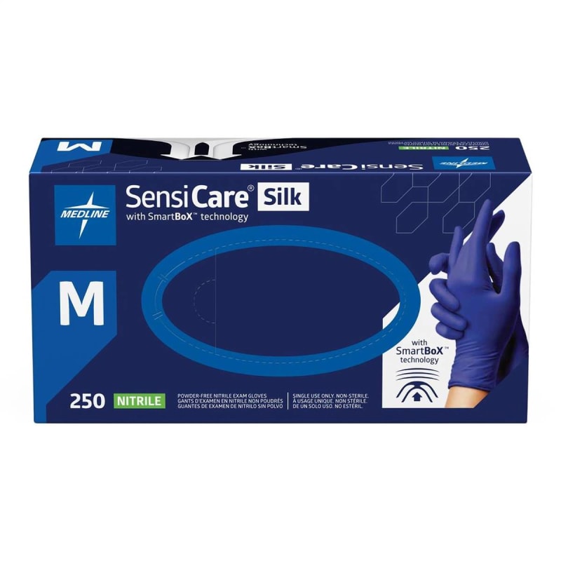 Medline Exam Glove SensiCare® Silk Medium 250 per Box NonSterile Nitrile Standard Cuff Length Textured Fingertips Dark Blue Chemo Tested Medline Exam Glove SensiCare® Silk Medium 250 per Box NonSterile Nitrile Standard Cuff Length Textured Fingertips Dark Blue Chemo Tested