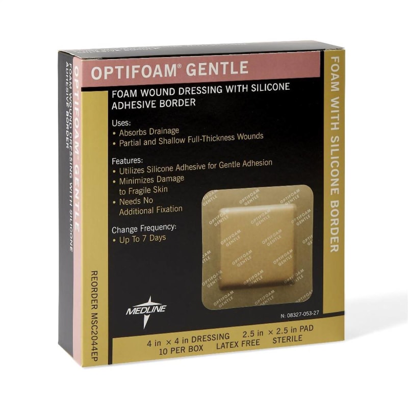 Medline Optifoam® Gentle Adhesive with Border Silicone Foam Dressing, 4 x 4 Inch Medline Optifoam® Gentle Adhesive with Border Silicone Foam Dressing, 4 x 4 Inch