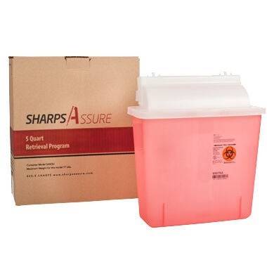 Sharps Assure LLC Mailback Sharps Container Sharps Assure Translucent Red Base 12-1/4 L X 4-3/4 W X 10-1/2 H Inch Horizontal Entry 1.35 Gallon Sharps Assure LLC Mailback Sharps Container Sharps Assure Translucent Red Base 12-1/4 L X 4-3/4 W X 10-1/2 H Inch Horizontal Entry 1.35 Gallon
