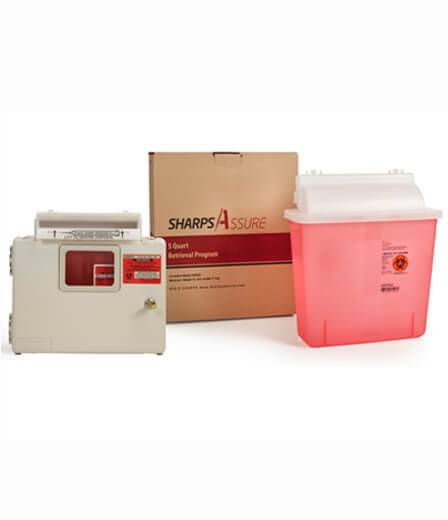 Sharps Assure LLC Mailback Sharps Container Intro Kit Sharps Assure Translucent Red Base 12-1/4 L X 4-3/4 W X 10-1/2 H Inch Horizontal Entry 1.35 Gallon