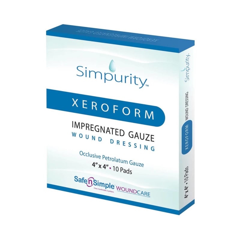 Safe N Simple Simpurityâ„¢ Xeroform Petrolatum Impregnated Dressing, 4 x 4 Inch Safe N Simple Simpurityâ„¢ Xeroform Petrolatum Impregnated Dressing, 4 x 4 Inch
