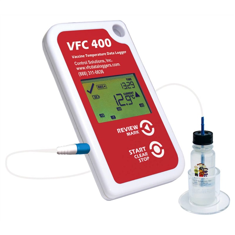 Control Solutions Inc Refrigerator / Freezer Vaccine Data Logger with Alarm Kit LogTag VFC400Â® Fahrenheit / Celsius -40Â° to 210Â°F (-40Â° to 99Â°C) Glycol Bottle Probe Multiple Mounting Options Battery Operated