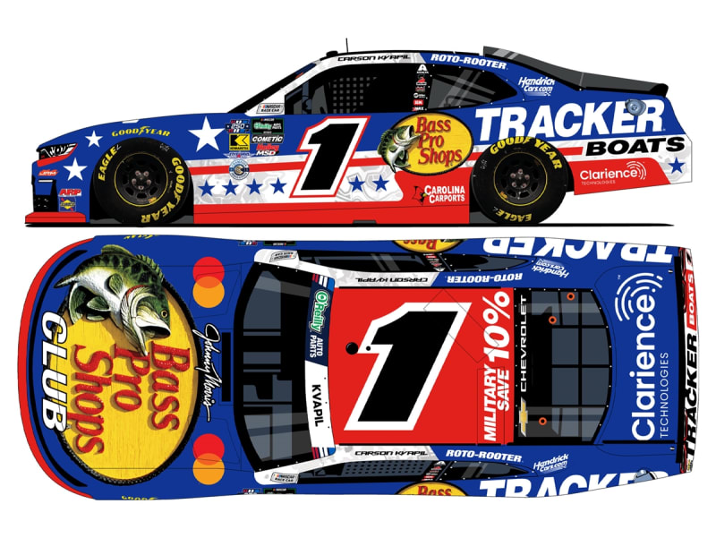 **Preorder**CARSON KVAPIL 2026 BASS PRO SHOP/TRACKER BOATS PATRIOTIC 1:24 COLOR CHROME ARC DIECAST