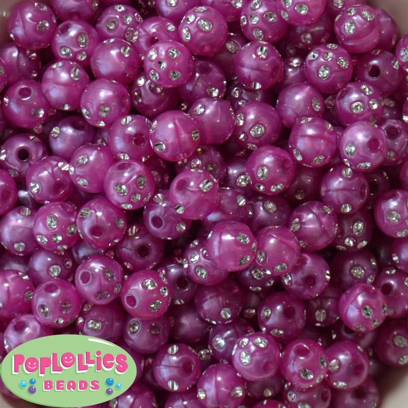 12mm Hot Pink Faux Pearl Bead with Rhinestones sold in packages of 50 beads
