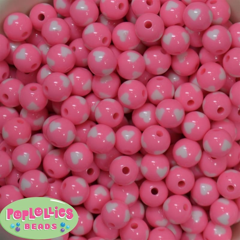 12mm pink with white heart resin Bubblegum Beads