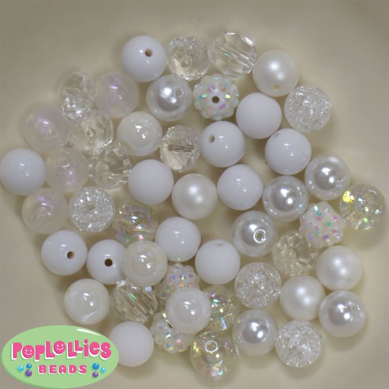 12mm Mixed Style White Acrylic Beads sold in packages of 50 beads