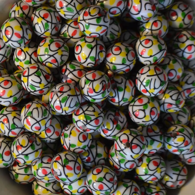 16mm Christmas Lights Print on a white solid acrylic bead
