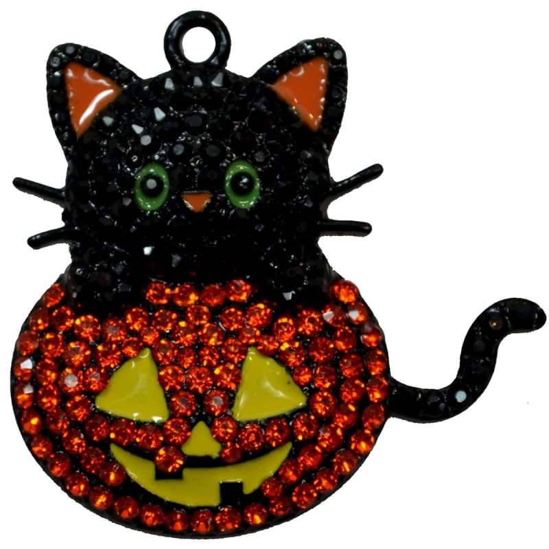 Rhinestone Halloween Cat on a Pumpkin Pendant