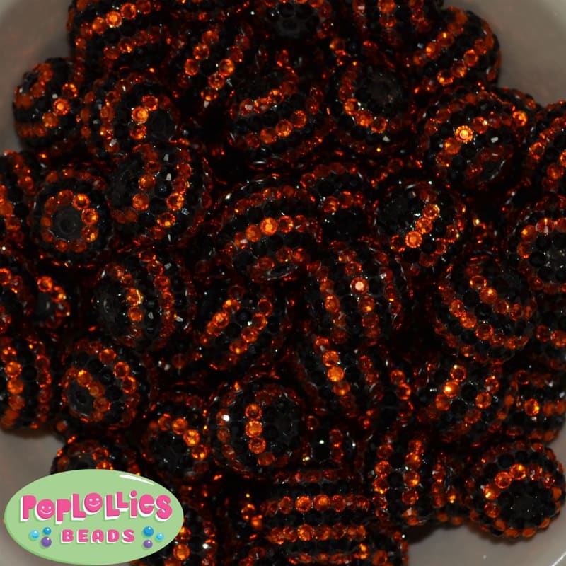 20mm Black and Orange Stripe Rhinestone Bubblegum Bead Bulk