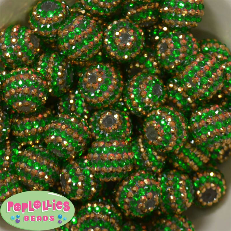 20mm Green and Gold Stripe Rhinestone Bubblegum Beads