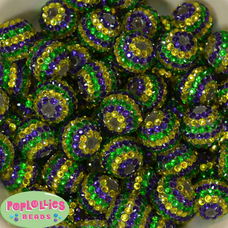 20mm Green, Yellow and Purple Stripe Rhinestone Bubblegum Beads
