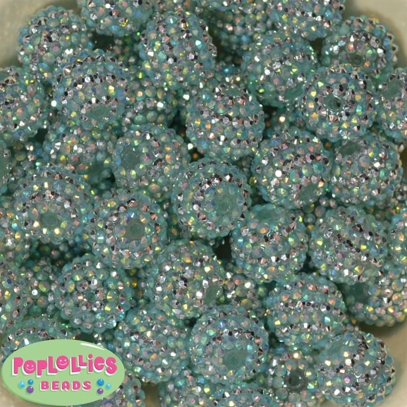 20mm Mint & Silver Stripe Rhinestone Bubblegum Beads Bulk