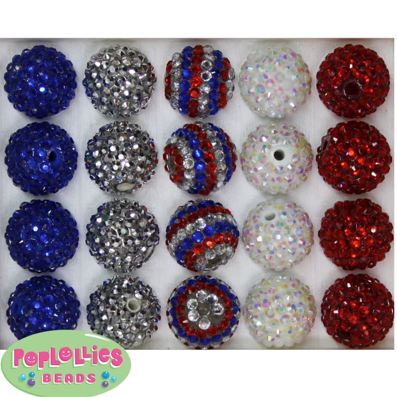 20mm Patriotic Rhinestone Bubblegum Bead Mix