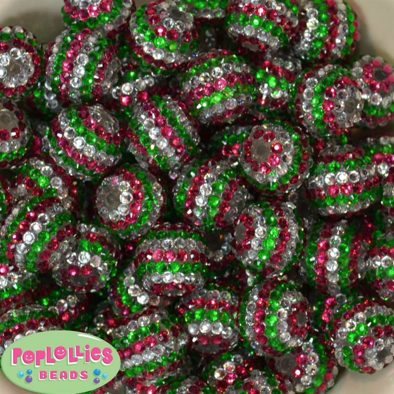 20mm Pink, Green, Silver Stripe Rhinestone Bubblegum Beads Bulk