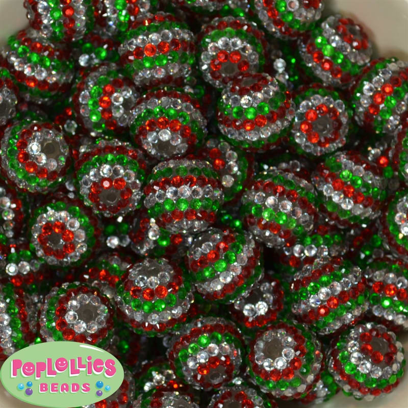 20mm Red, Green, Silver Stripe Rhinestone Bubblegum Beads Bulk