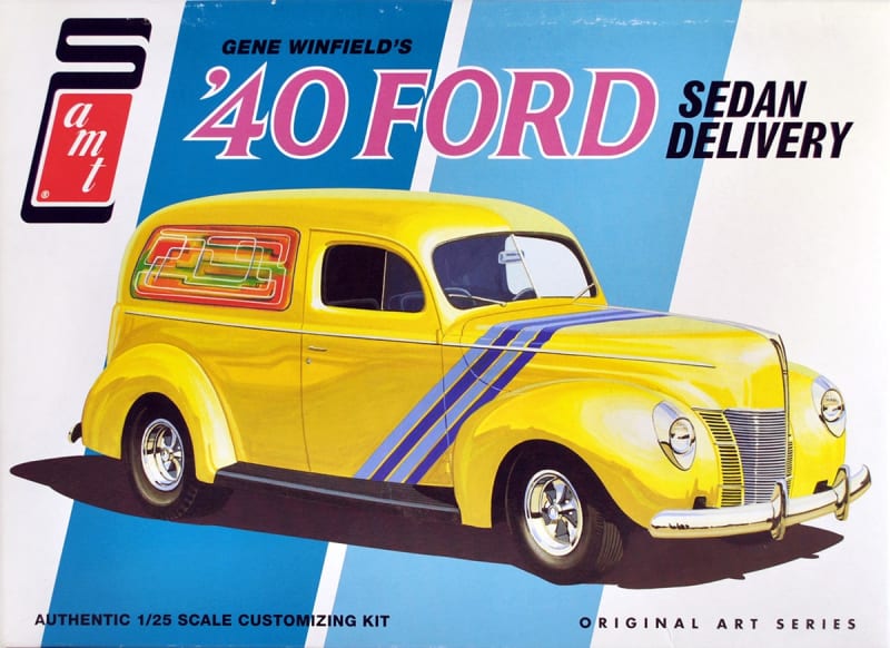 Box art illustration of scale model 1940 Ford Delivery Sedan inspired by car customizer, Gene Winfield.