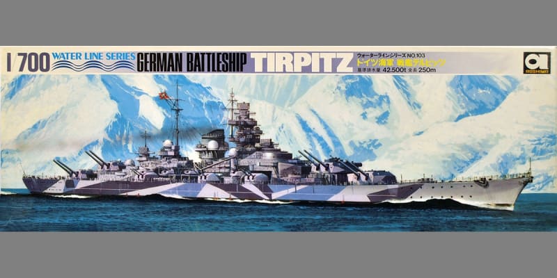 Dramatic box art illustration of WW2 German Battleship Tirpitz cruising along in front of ice covered mountains