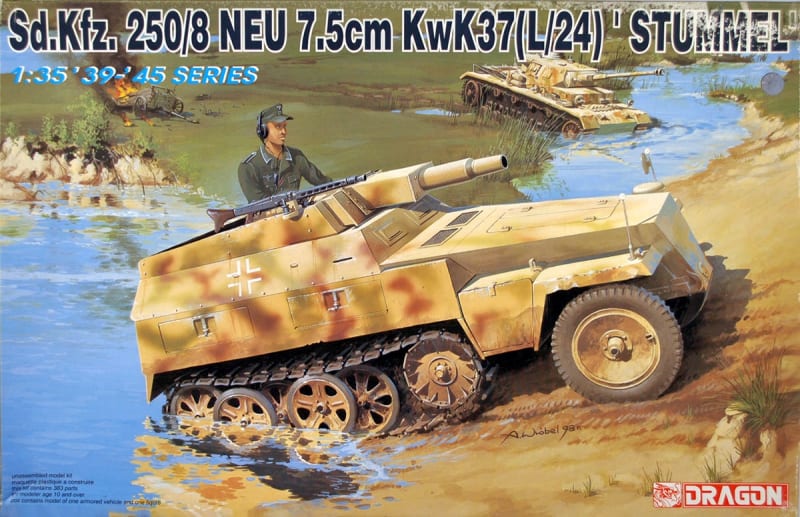Box art illustration of German WWII half track, Sd.Kfz. 250/8 Neu 7.5cm Stummel crossing a river onto a river bed of rocks.