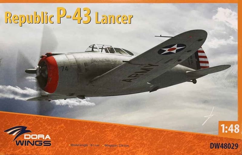 Photo of box of scale model aircraft of P-43 Lancer in flight.