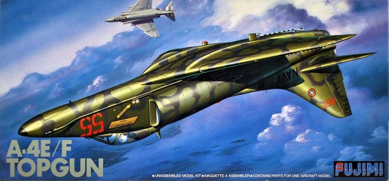 Box art of plastic model kit of an A-4E/F Adversary Skyhawk in mid air flying inverted.