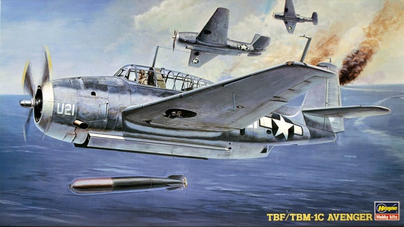Box Art of Hasegawa AP33 Model Kit of WWII US Navy torpedo bomber, TBF / TBM-1C Avenger