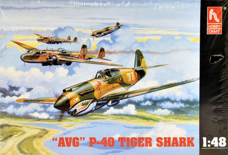 Box art illustration of scale model aircraft by Hobbycraft of a P-40 flown by the American Volunteer Group.