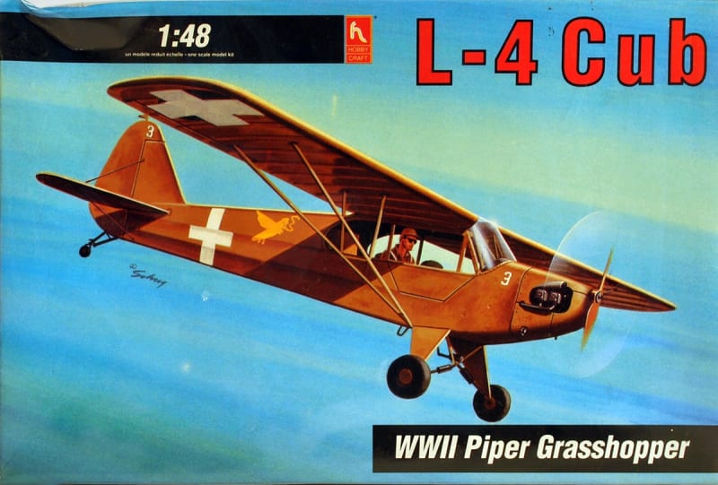 Box art illustration of scale model kit of L-4 Grasshopper used during WWII as a trainer and liaison plane by Hobby Craft.
