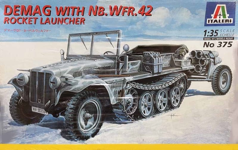 Box art illustration of German WWII DeMag Half-Track with NB.WFR. 42 Rocket Launcher