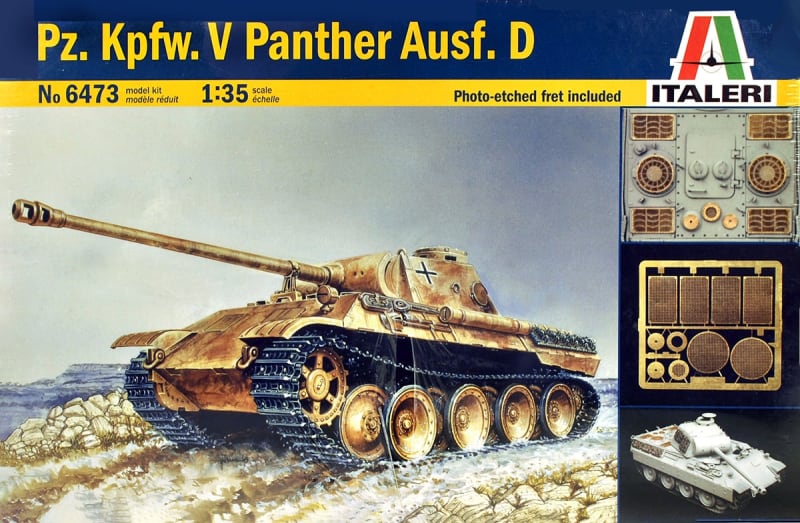 Box art illustration of Italeri scale model German tank, Pz.Kpfw. V Panther Ausf.D as it rolls along a lightly snow covered hill.