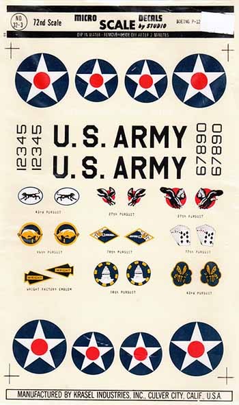 Early Microscale plastic model decal sheet for 1/32 P-12E with U.S. national markings and unit insignia for P-12 plastic model kits.