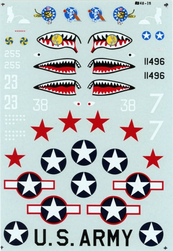 Photo of scale model decal by Microscale with markings for WW2 P-40E plane.