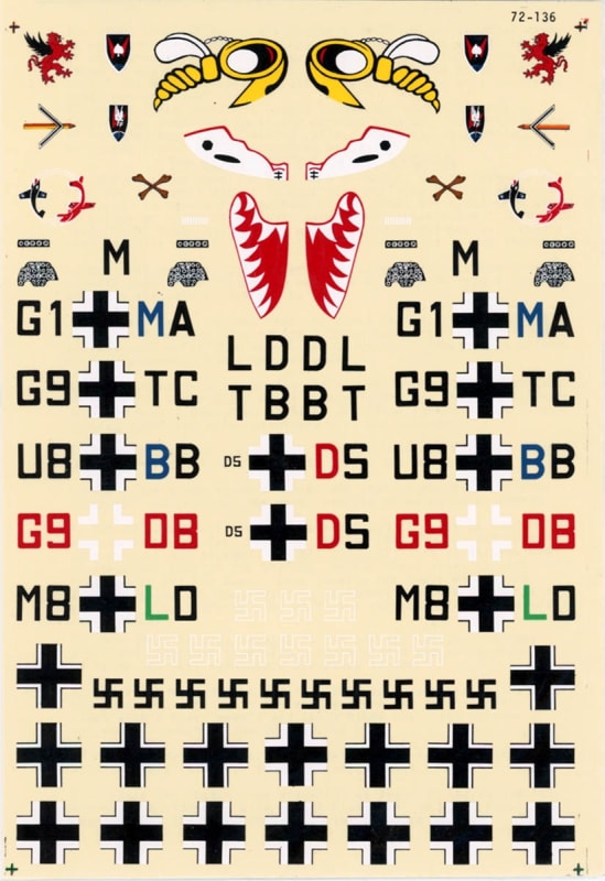 Photo of decal sheet for plastic model kits of WWII German fighters, Messerschmitt Bf 110.
