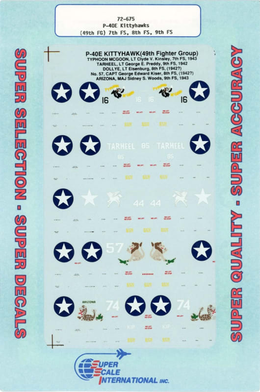 Photo of Microscale model decal depicting P-40E Warhawk aircraft of the 49th fighter group during WWII.