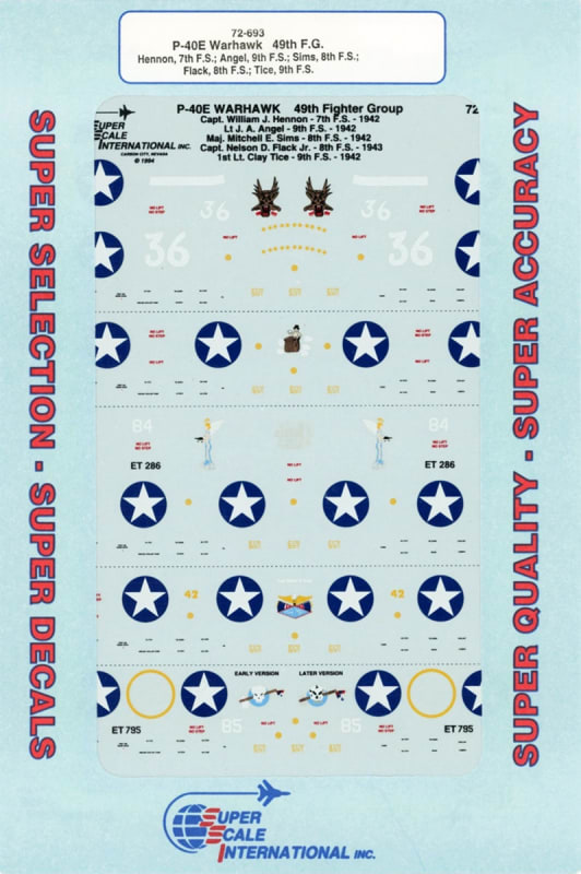 Photo of Microscale model decal depicting P-40E Warhawk aircraft of the 49th fighter group during WWII.