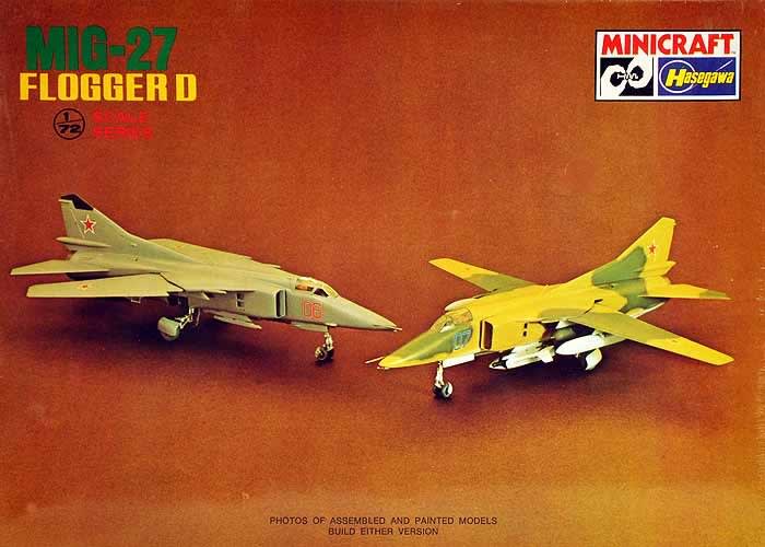 box art shows two actual plastic models of Russian jet, MiG 27 Flogger D built on the cover in two different markings.