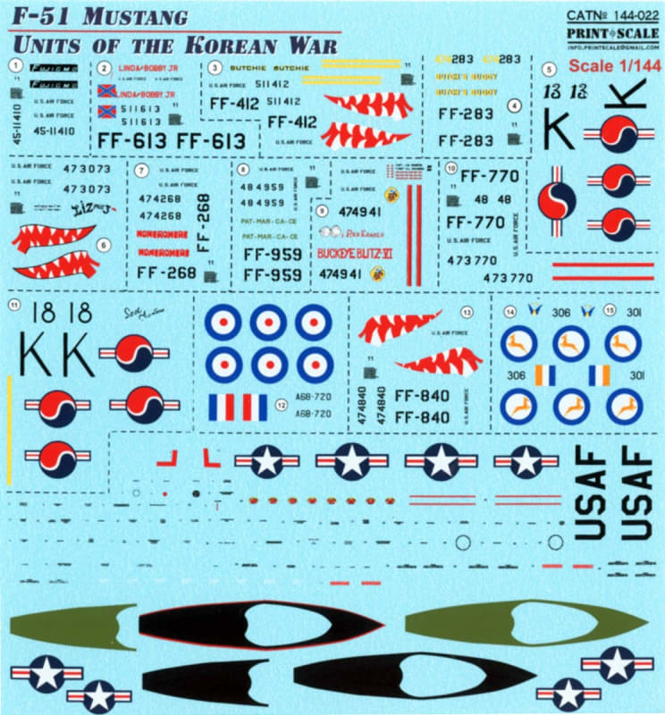 Photo of model decal sheet by Print Scale of F-51D Mustang units of the Korean War for scale model aircraft F-51 Mustang.
