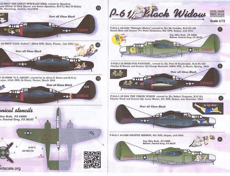 Print Scale #PS72036 P-61 Black Widow - nose art