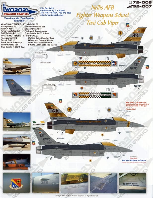 Photo of scale model decals for F-16C in Taxi Cab scheme for the 50th Anniversary of the Nellis AFB Fighter Weapons School.